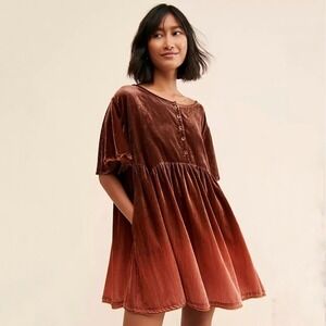 Free People Este Velvet Babydoll Mini Dress Rust Brown Ombre Button Front Small